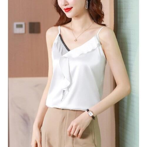 QOERLIN M-3XL Summer Plus Size Satin Camisoles Vest Women Sleeveless Tank Tops Female 2021 New V Neck Beaded Top Shirt Office