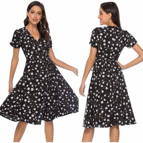 Bohemian Beach Chiffon Dress 2021Summer Floral Print Women Dresses Casual Short Sleeve V-neck Loose A-line Dress Female Vestidos