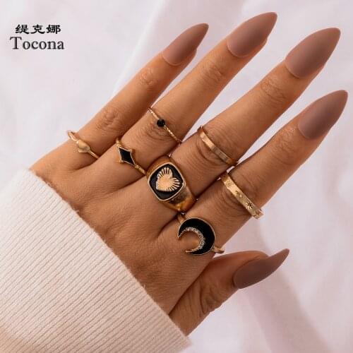 Tocona 7pcs/sets Bohemian Moon Joint Ring Sets for Women Charms Heart Black Shiny Rhinstone Jewelry Gift Wholesale 16547