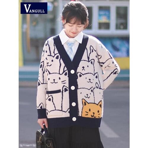 Vangull Harajuku Knitted Cardigan Women Cartoon Cat Print Sweater Vintage V-Neck Single Breasted Loose Thick Streetwear Sweater