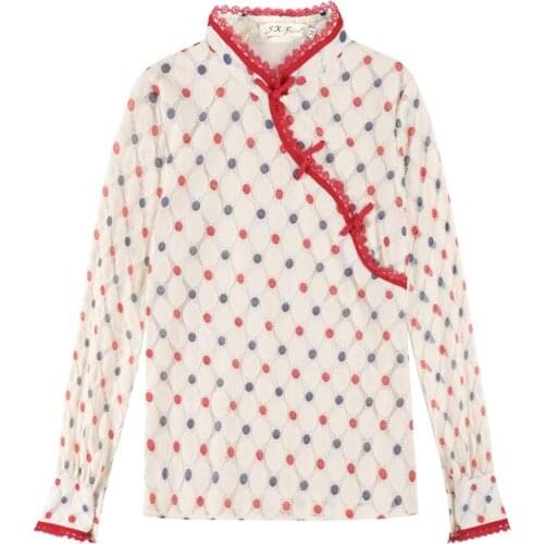 2021 New Arrival Spring Autumn Women Long Sleeve Shirt High Quality Retro Chinese Style Colourful Dots Cheongsam Lace Shirt