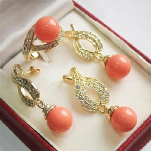 Womens Wedding 12mm Pink Shell Pearl Pendant Necklace Earrings Ring Set 5.23 5.23 real mujer fine qualitynoble ladys