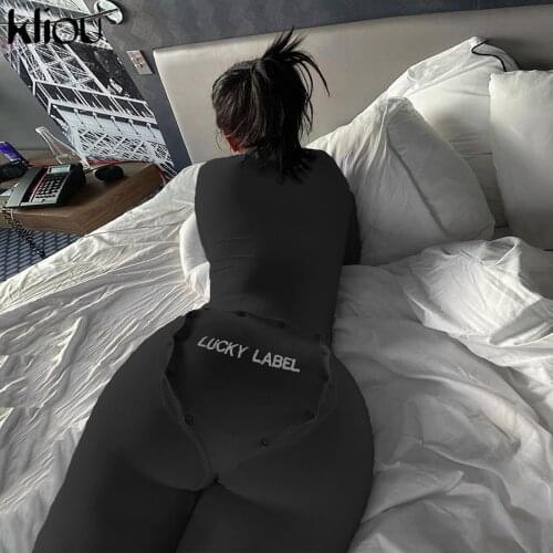 Kliou Buttons Appliques Patched Lucky Label Jumpsuit Women One-Piece Outfits Club V-Neck Skinny Elastic Solid Casual Streetwear