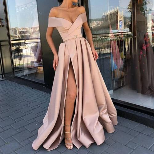 LORIE 2020 Simple Cheap Satin Evening Dresses Long Off the Shoulder Lacing Formal Prom Party Gowns Plus Size with Slit Pockets