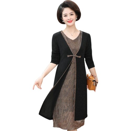 Middle-aged Womens Dress 2019Spring Winter Elegant V-neck Long-sleeved Fake two pieces Party Dresses Vestido Plus size 5XL W625