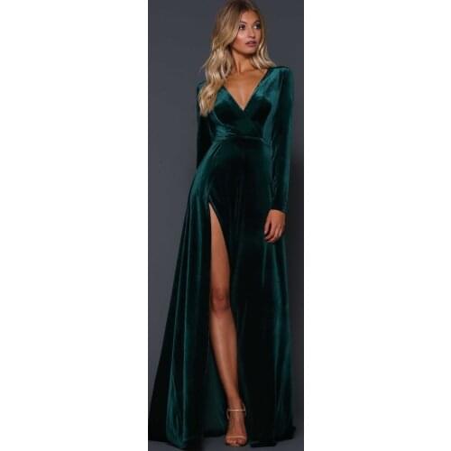Merryu Evening Dress Long Elegant Velour Prom Dress V neckline Party green velvet Gowns Vintage Formal Dress