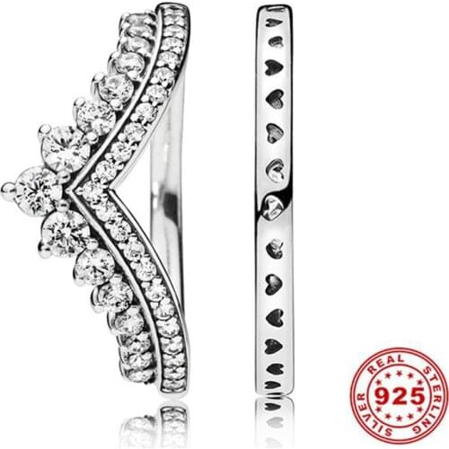 Leuxry Trendy 925 Sterling CZ Zircon Crown Finger Ring Classic Stackable Silver Pan Jewelry For Women Wedding Anniversary Gift