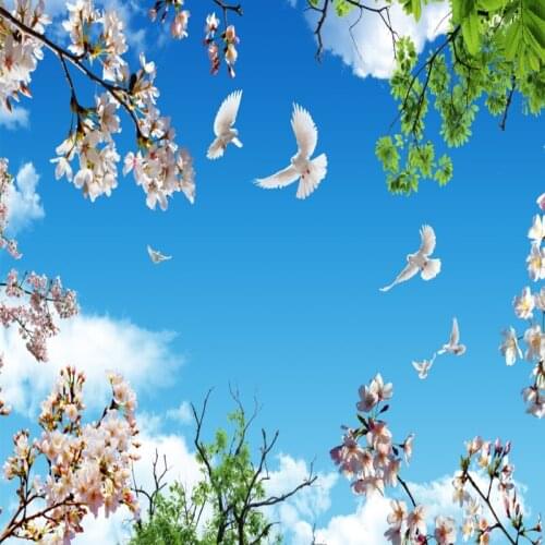 Customized Any Size 3D Mural Wallpaper Blue Sky ceilings White Cloud ceilings Flower Green Leaf Ceiling Mural