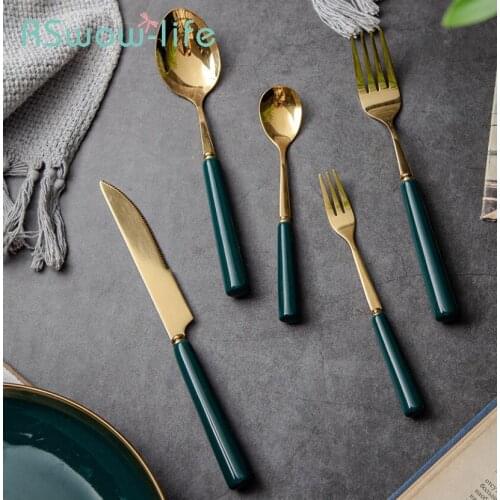 5Pcs Light Luxury Ink Green Steak Cutlery Stainless Steel Western Tableware Ceramic Dessert Fruit Fork Coffee Spoon Dinnerware