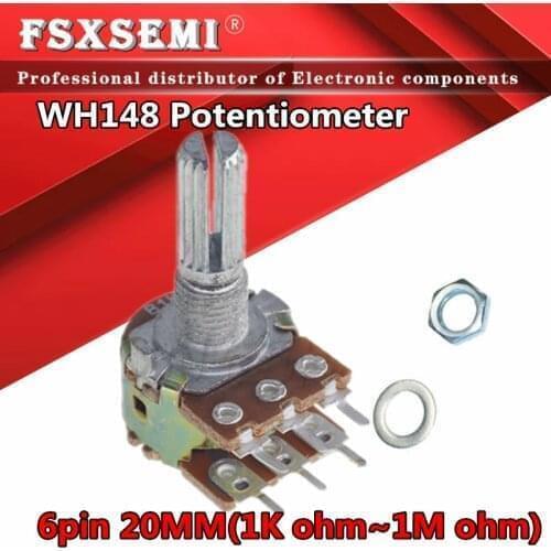 5pcs WH148 B1K B2K B5K B10K B20K B50K B100K B500K 6Pin 20mm Amplifier Dual Stereo Potentiometer 1K 2K 5K 10K 50K 100K 500K