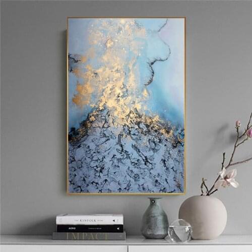 Abstract Flowing Golden Blue Canvas Painting Luxurious Posters Prints Art Wall Pictures for Living Room Decor Tableau Decoration