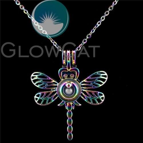 C576 Rainbow Color Insect Dragonfly Beads Cage Perfume Essential Oil Diffuser Oyster Pearl Cage Locket Necklace