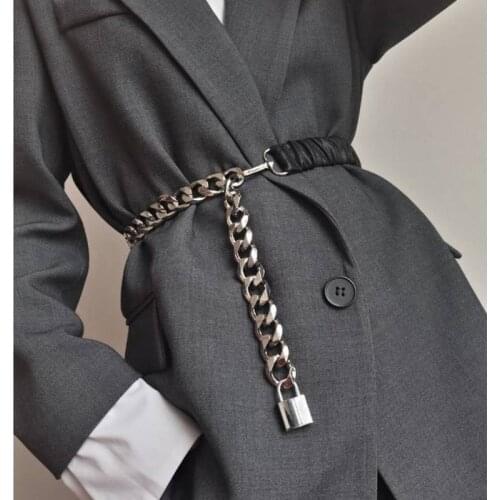 Elastic silver chain belt ladies dress cummerbunds stretch corset belts for women high quality coat ceinture femme lock metal