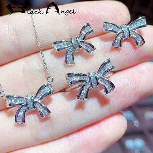 BLACK ANGEL 925 Sterling Silver Fairy Design Elegant Bowknot CZ Earrings Necklace Resizable Ring Wedding Jewelry Sets For Women