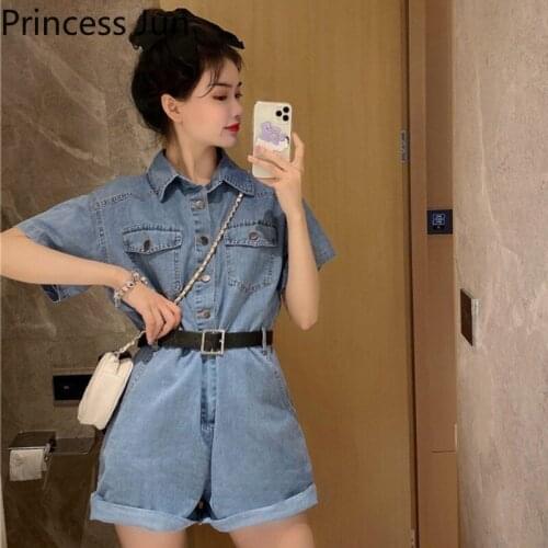 Women Summer Casual Jeans Denim Romper Short Sleeve Single Breast Belted Slim Bodysuit Overall Chic Wide Legs Shorts Playsuit
