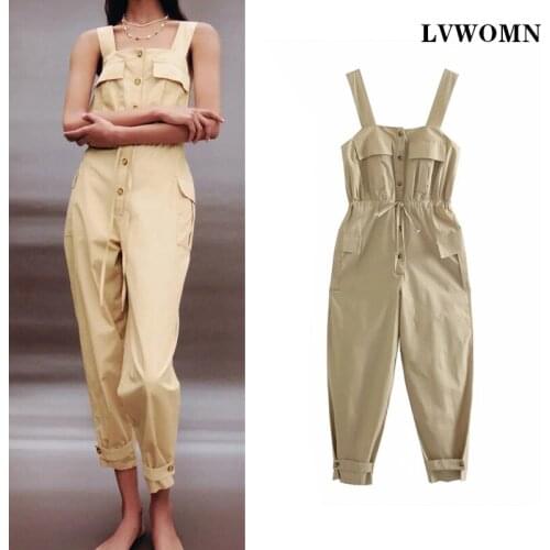 LVWOMN Za Jumpsuit Women 2021 Summer Loose Sleeveless Casual Top Jumpsuit Fashion Button Pocket Cargo Pants Chic Women Clothes