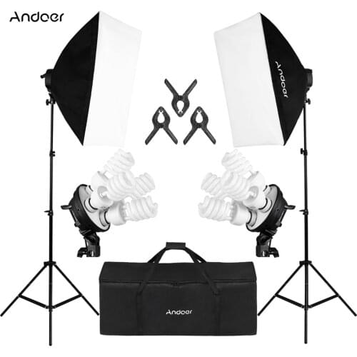 Andoer Studio Photography Lighting Kit with 2pcs 50*70cm Softbox 2pcs 4in1 Bulb Socket 8pcs 45W Light Bulb 2pcs Light Stand