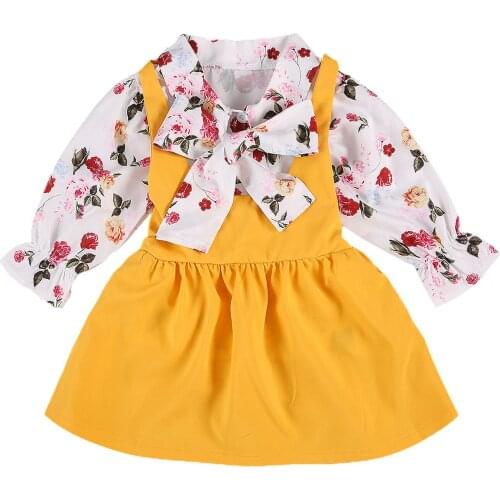 2PCS Baby Girl Skirt Set Bow V-neckFlower Pattern Long Sleeve Top+Overall Dress Yellow Solid Color High Waist Elastic Suspender
