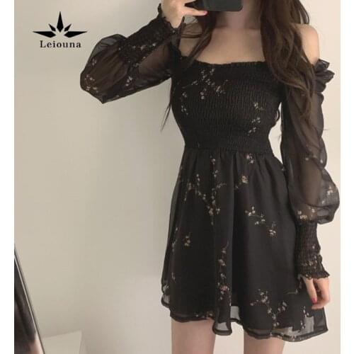 Leiouna Korea Sweet Feminina Black Print A-line Mini Dress Chiffon Beach Slash Femme Dress Flower Womens Dress