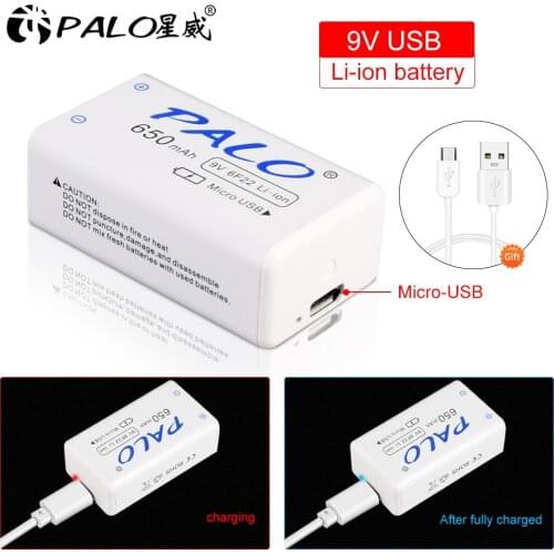 PALO 9V USB lithium battery 650mAh 6F22 Li-Ion rechargeable battery for toys massagers multimeters guitar with USB cable