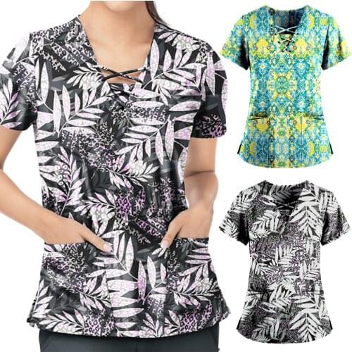 Fashion Womens Medical Clogs Short Sleeve V-neck Flower Print Tops Nursing Working Uniform T-shirts Plus Size Nurse Accessories