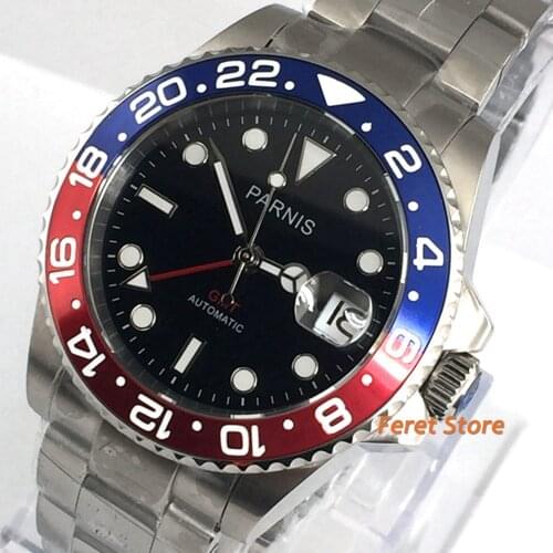 Parnis 40mm GMT Watch Blue Red Rotatig Bezel Sapphire glass Stainless steel case Luminous Black Dial Automatic Mens Watch
