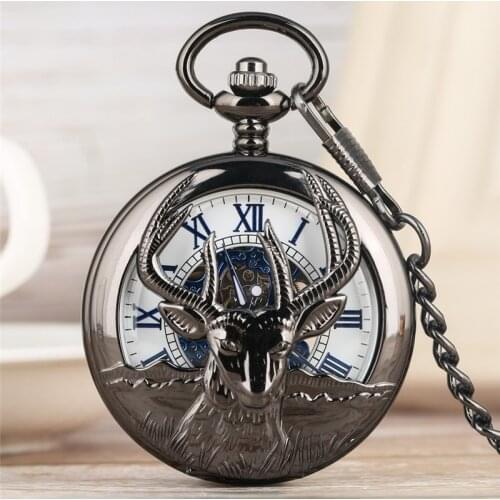 Steampunk Hollow Out Goat Handwinding Mechanical Pocket Watch for Men Women Roman Numeral Pendant Chain Relgio de bolso Gift