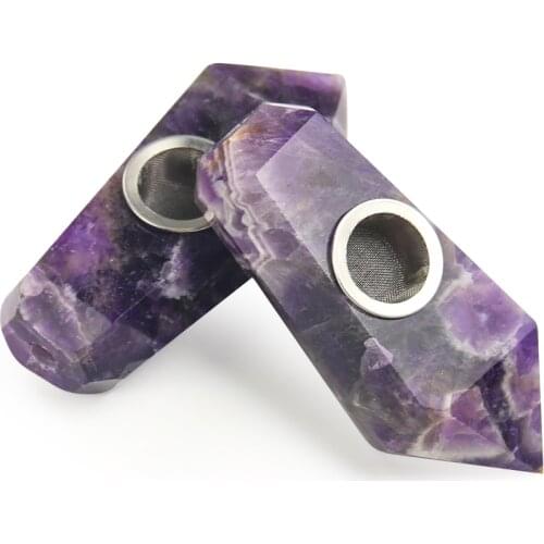 Natural Amethyst Tobacco Pipe Crystal Smoking Pipe with Brush Filter Quartz Stone Healing Wand Gift Drop Shipping