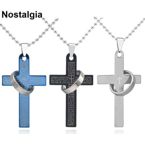 Nostalgia Religious Cross Pendant Enamel Jesus Necklace Men Women Beads Chain Bible Verses Engraved Pray Christian Jewelry