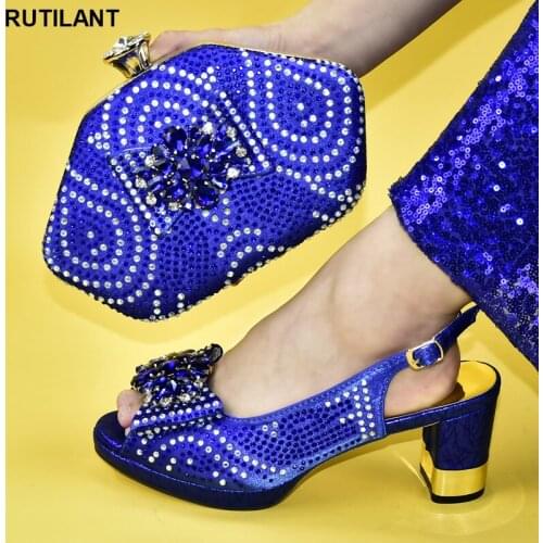 Latest African Bag and Shoe Set Blue Bag and Shoe Italian Fashion Italian Women Wedding Pumps with Purse African Shoe for Women