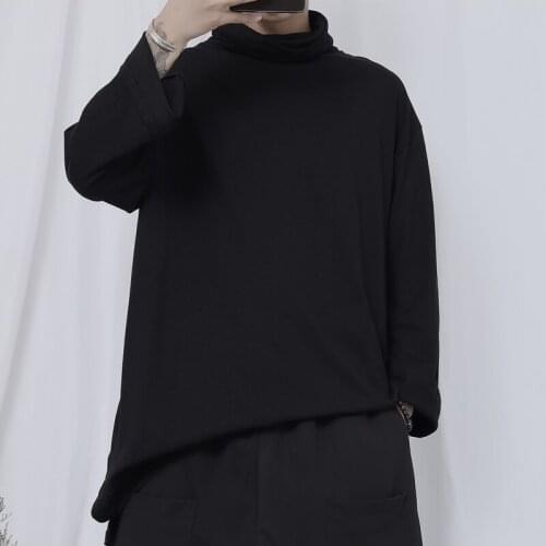 Original new t-shirt mens long-sleeved T-shirt dark black mountain original style niche design high-neck loose split end T-shir