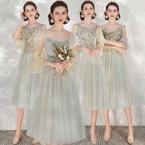 Bridesmaids Dresses Illusion V-Neck Half Knee-Length Tulle Lace Embroidery Spaghetti Straps A-Line Women Wedding Party Gown E721