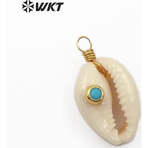 WT-JP094 Natural Cowrie Shell Pendant Unique Design Original Cowrie With Gem-stone Charm Brass Wire Wrapped Pendant Multi Option