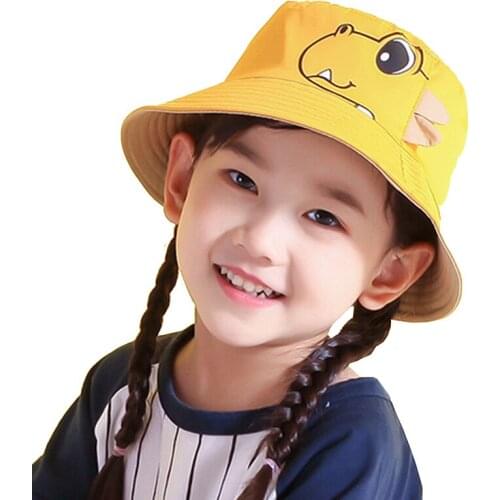 Children Fisherman Hat Yellow Cartoon Dinosaur Outdoor Beach Sun Bucket Hats Spring Autumn Casual Double-Sided Unisex Cap Girls