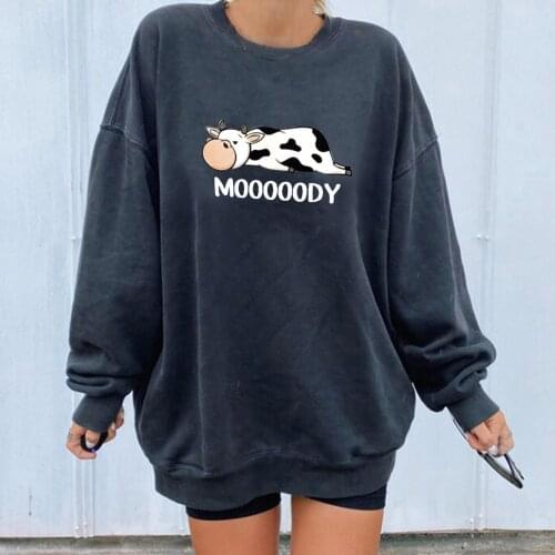 Winter Women Leisure Simplicity Sweatshirt Dairy Cow Printing Loose Comfortable Long Sleeve High Quality Sweatshirt Pullover Top