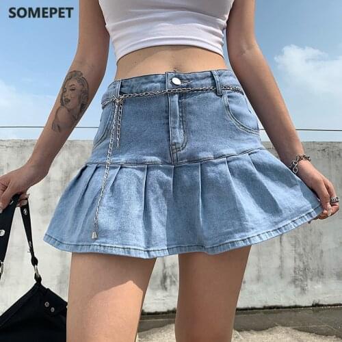 Y2k Pink Denim Pleated Skirts Mini Solid Casual Woman Fashion Korean Style High Waist Skirt with Lined Hot Club Party Girls 2021