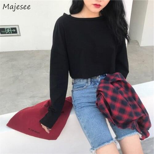 Basic T-shirts Women Korean Style Solid Long Sleeve Tees Crop Tops O-Neck Trendy Chic Design Tshirts All-match Leisure Bottom
