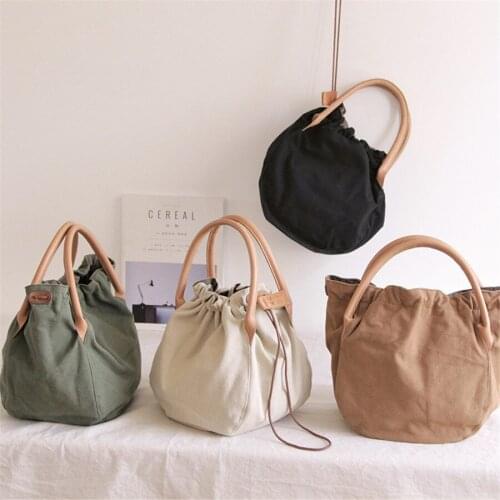 Womens Summer Wax Rope Draw Bag Lazy Wind Wrist Bag Ladies Soft Canvas Handbag Bucket-Shaped Round Bag Female Tote Bag