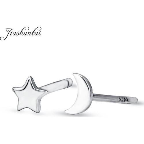 JIASHUNTAI 100% 925 Sterling Silver Stars Moon Stud Earrings For Women Silver Small Cute Earrings Fashion Jewelry Brincos