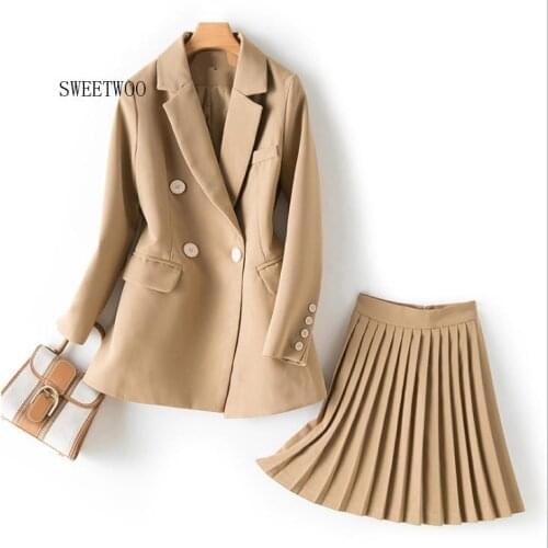 Womens Sets Single Button Solid Blazer High Waist Pleated Skirt Two Piece Set Fashion Women 2 Piece Skirt Sets