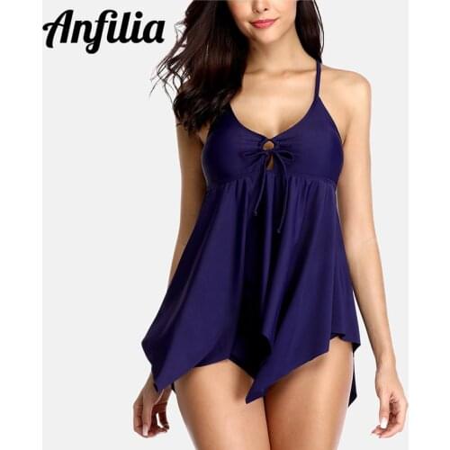 Anfilia Womens Tankini Set Two Pieces Swimwear Solid Color Tied From Swimsuit Sexy Beach Wear