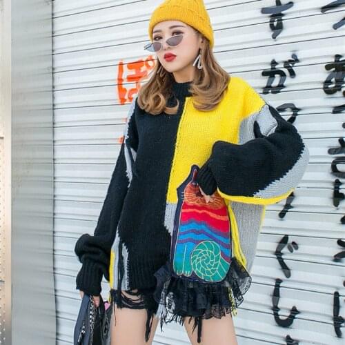 Women cute cartoon appliques sweater contrast color loose preppy style casual party knitting pullovers sweaters female NS65