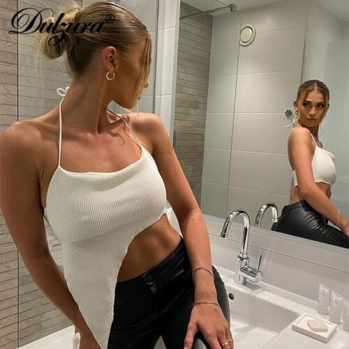 Dulzura Ribbed Irregular Halter Crop Top Lace Up Women Backless Sexy Party Elegant Streetwear 2020 Autumn Winter Club Solid