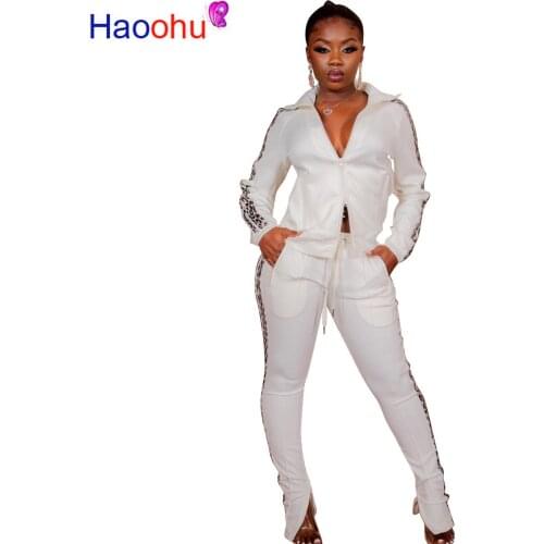 Fall Winter Leopard Causal Two Piece Set Sweatsuit Womens Clothing Full Sleeve Crop Sweatshirt + Long Pants Plus Size Set