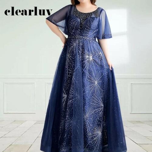 Shining Navy Blue Evening Dress DR1068 Crystal Plus Size Robe De Soire Half Sleeve A Line Long Evening Dresses For Women Summer