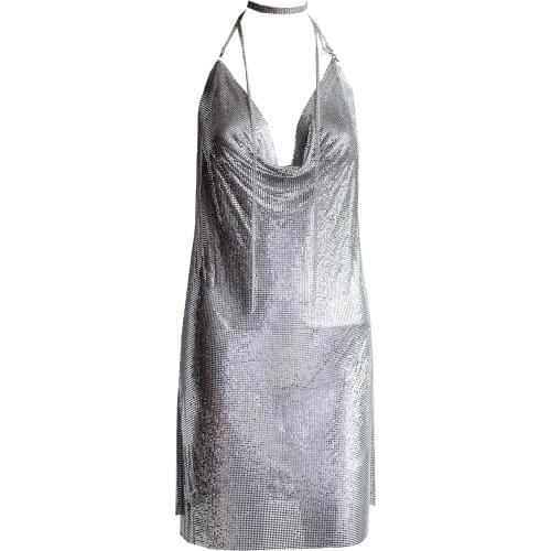 Women Party Dress Sexy Club Kendall Jenner Vestidos Diamond Halter Spaghetti Silver Metal Mesh Elegant Deep V Backles