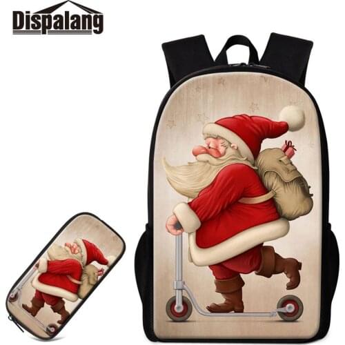 2PCS/Set New Santa Claus Printing Cloud Multi-Colored School Bag Cute Fashion Canvas Shoulders Backpack for Girls