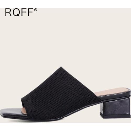 2021 New Mules Womens Stretch Cloth Sandals Plus Big Size 42 43 Summer Shoes Med Block Heels Open Square Toe Black Yellow Slides