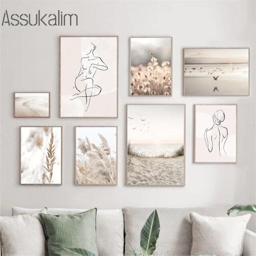 Abstract Line Naked Canvas Painting Reed Hay Poster Prints Beach Landscape Posters Nordic Wall Pictures For Living Room Decor