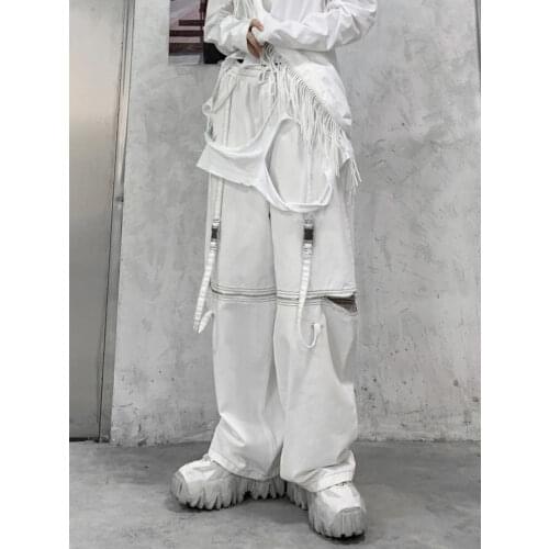QWEEK White Techwear Womens Cargo Pants Streetwear Grunge Aesthetic Black Emo Wide Leg Pants Hippie Hollow Out Loose Trousers